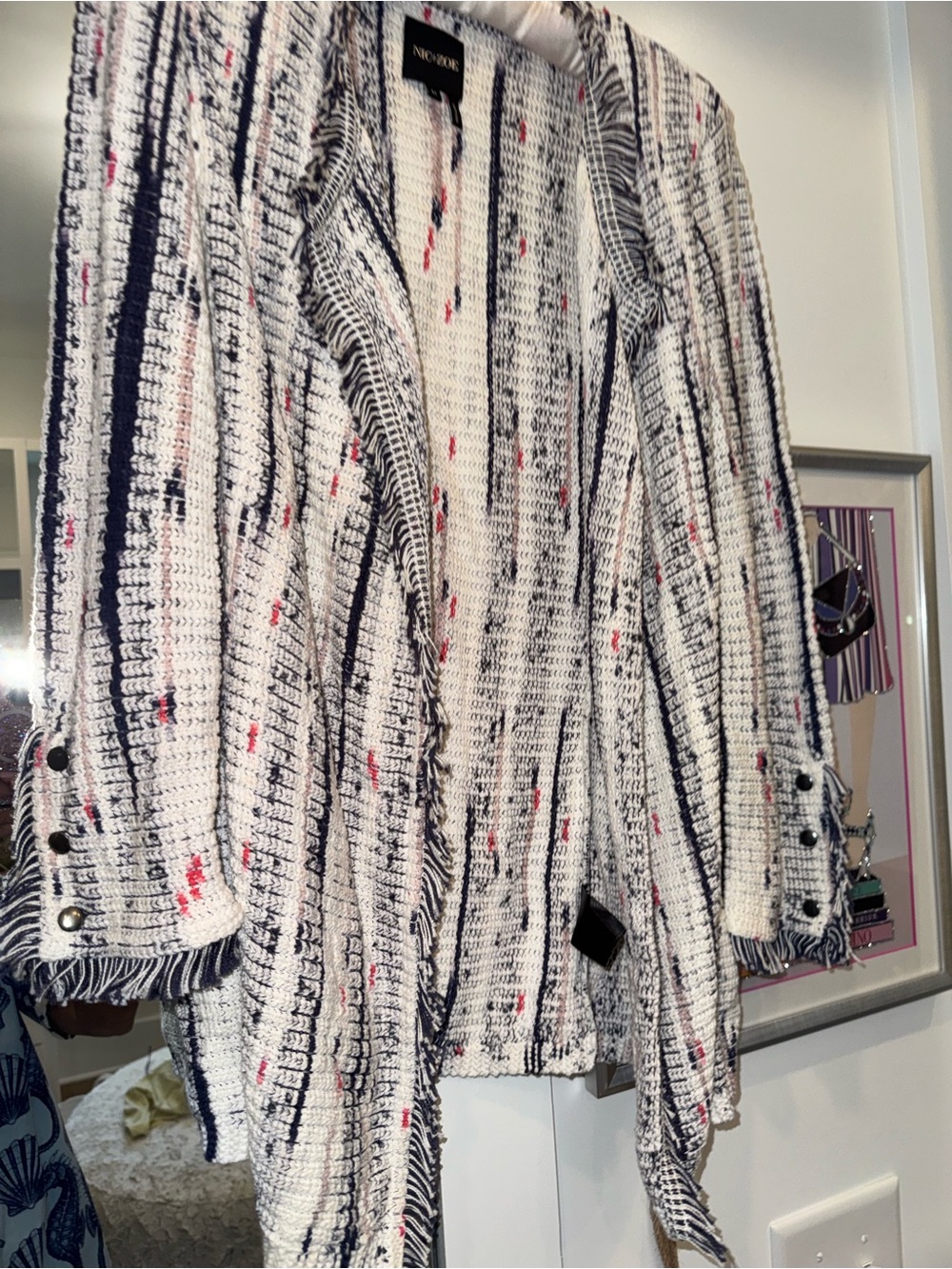 NIC+ZOE White Navy Tweed Open-Front Jacket with Pink Speckle